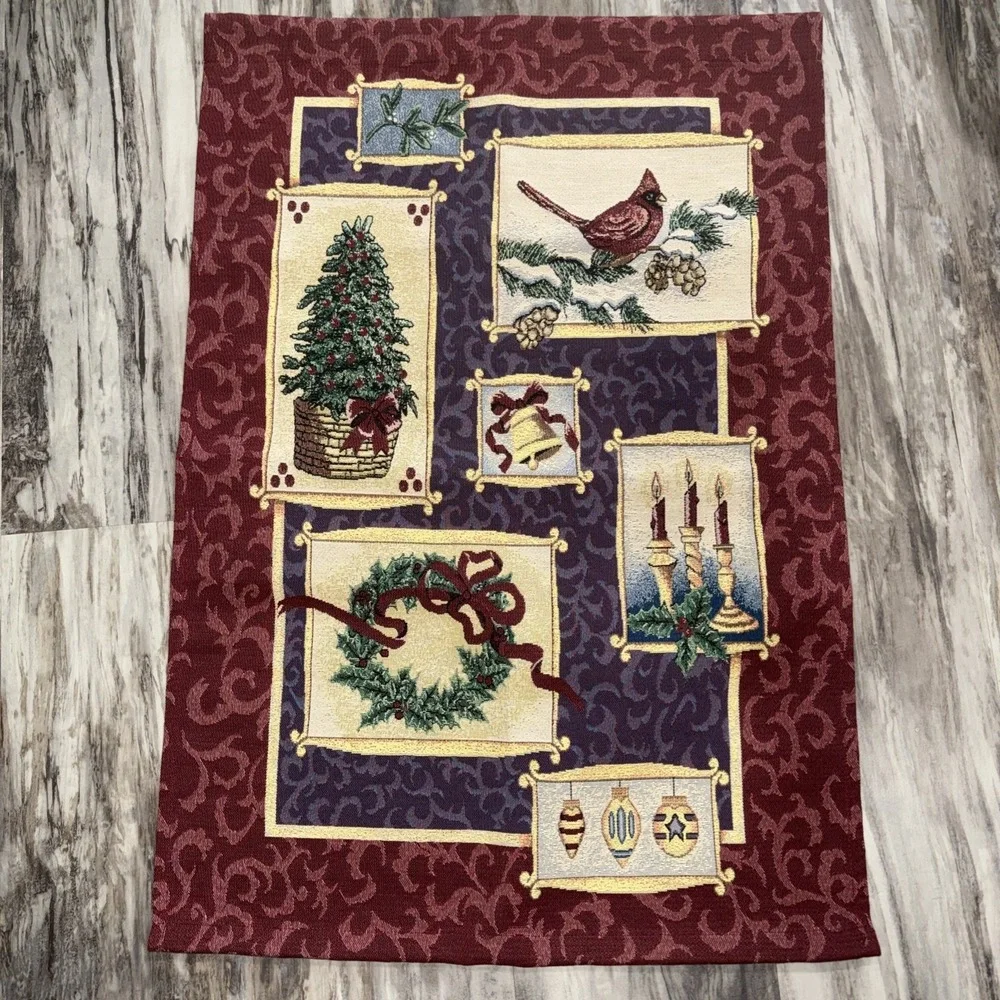 Fireside Christmas Wall Tapestry Red Cardinals Tree Country 36x25 NO LIGHTS Read